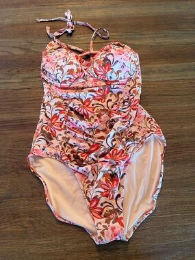 Garnet Hill Floral One-Piece Swimsuit in Pink, Red, Brown